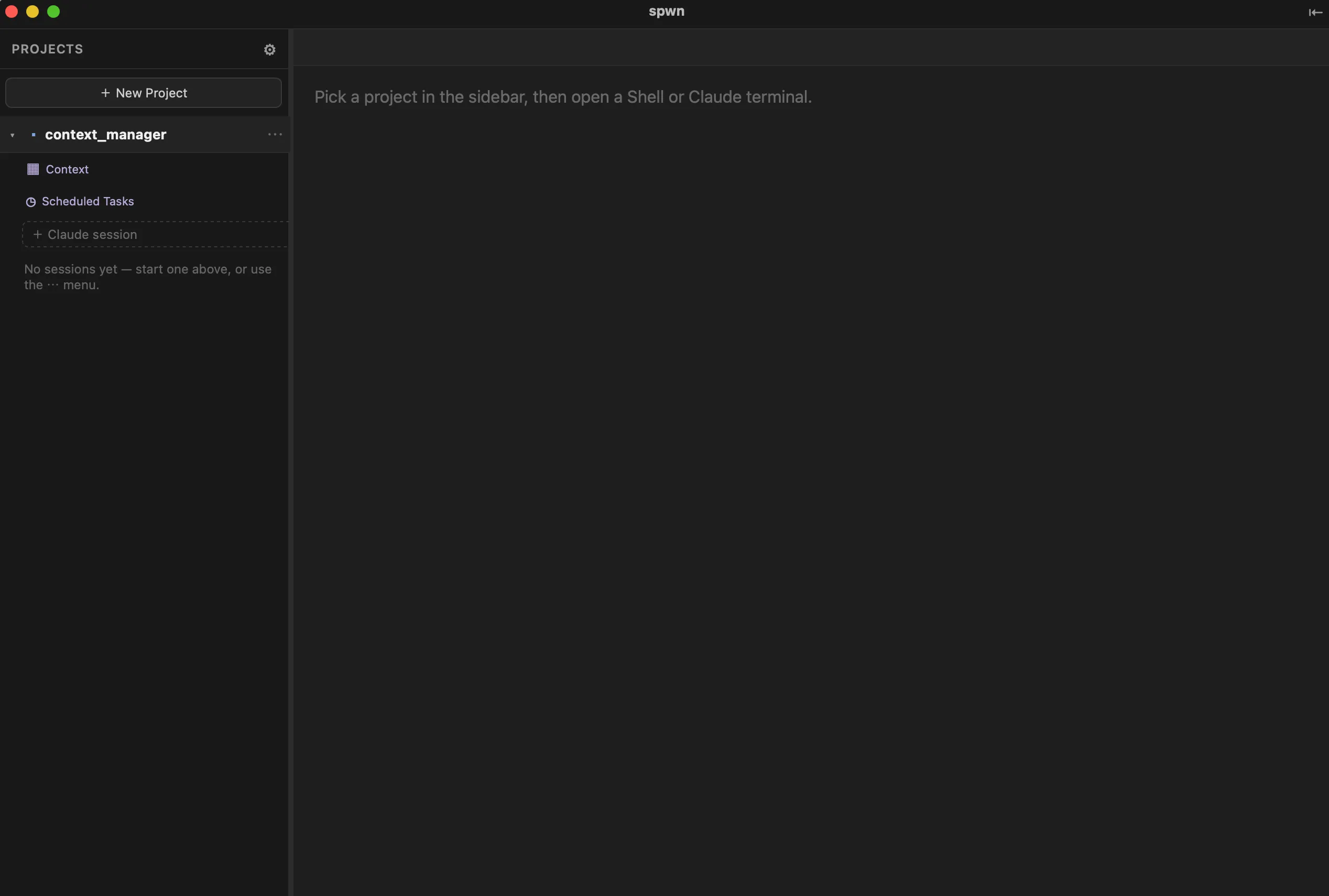 The spwn window: the Projects sidebar on the left listing a project with its sessions, Merge tray, and Scheduled Tasks, and the main pane on the right