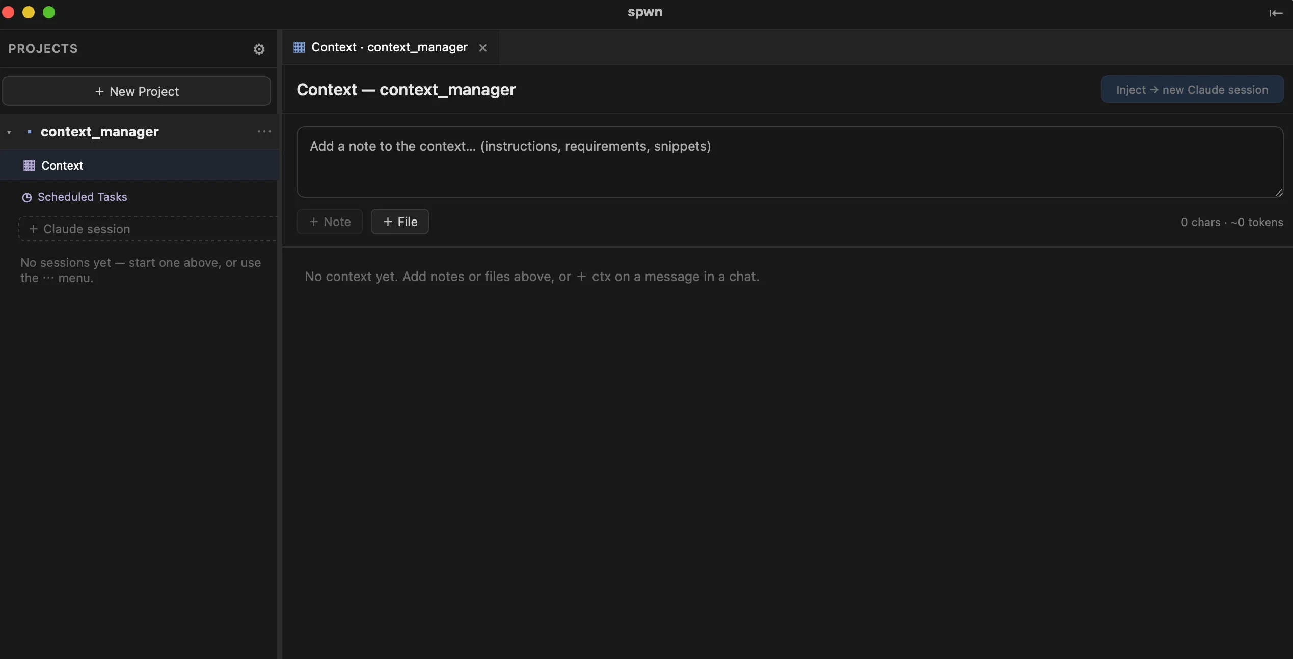 The Merge tray for a project: add note and file blocks, then Inject → new session