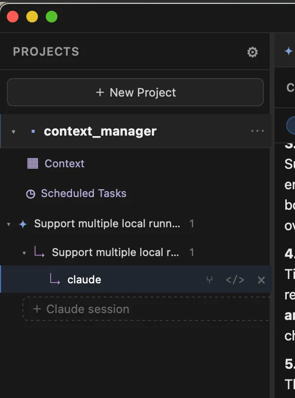A forked Claude session nested under its parent session in the project tree